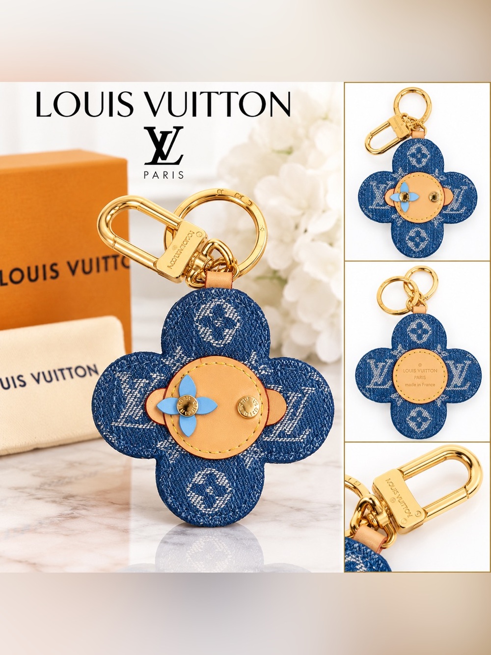 Denim Monogram Blue Floral Key Holder with Gold Hardware